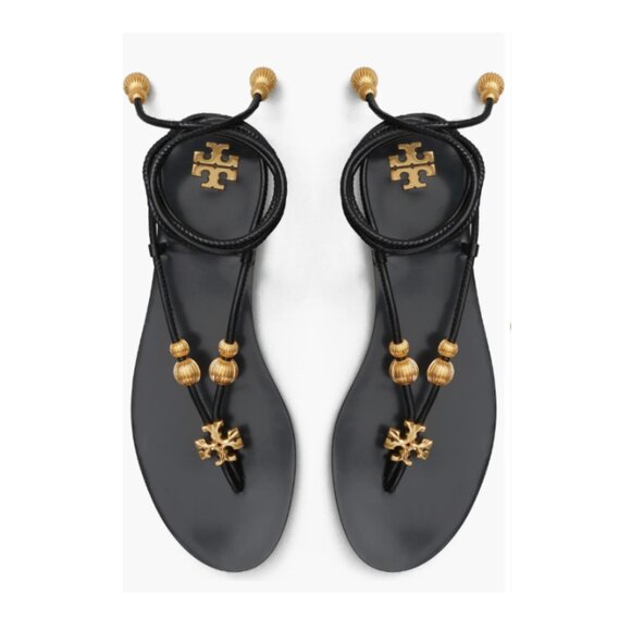 TORY BURCH Capri Flat Lace Up Sandal in Black/Gold Sz 10.5 - NIB!! - Picture 1 of 10